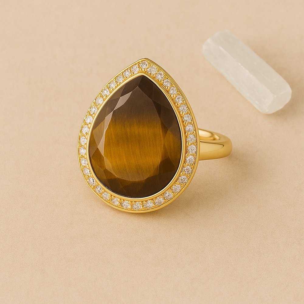 Elegant Gold Plated Teardrop shaped Tiger's eye ring size nine Sterling silver